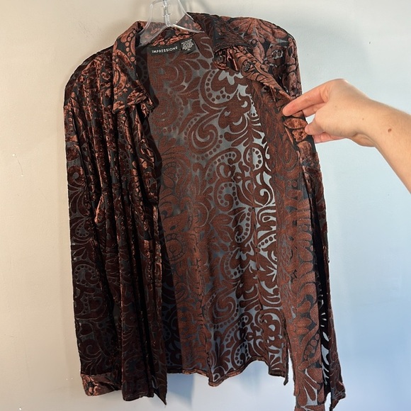 Impressions Brown Velvet Burnout Button Front Top Size XL Fairycore Whimsigoth - Picture 15 of 16